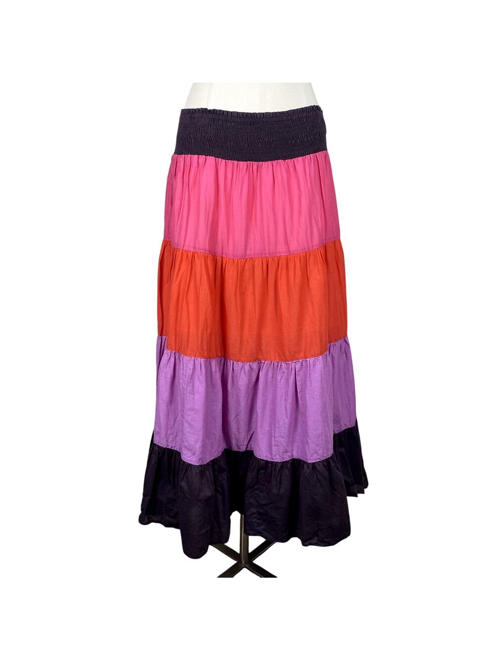 Kaktus Boho Hippie Block Color Vibrant Summer Tiered Maxi Skirt Cotton Size XL